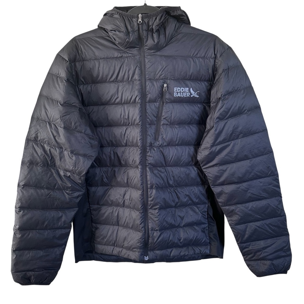 Eddie Bauer Mens 550 Down Hooded Puffer Jacket Black Medium Packable Lightweight